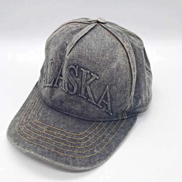Vtg. Alaska Gray Distressed Denim Baseball Cap Logo Front & Back Trucker Dad Hat - Picture 3 of 9